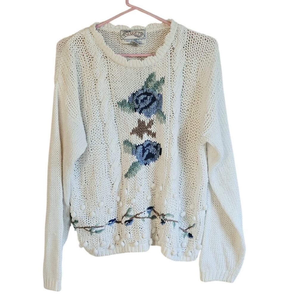 Vintage grannycore knit blue rose sweater size medium cottagecore